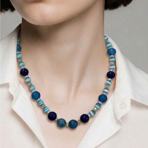 Blue Beaded Women's Necklace - Elegant Ocean Tone Jewelry - Handmade by Evelyn
